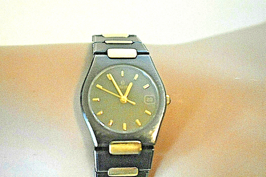 Ladies Concord 18K Gold Plate & Black SS Swiss Date Watch, Boxed, 23mm Rare