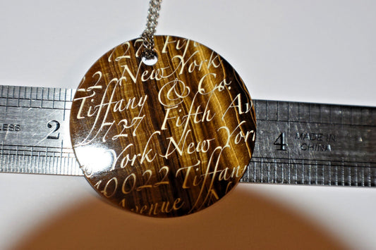 Tiffany & Co Tigers Eye Fifth Ave. Notes Large Round Pendant Necklace 17" w/ Box