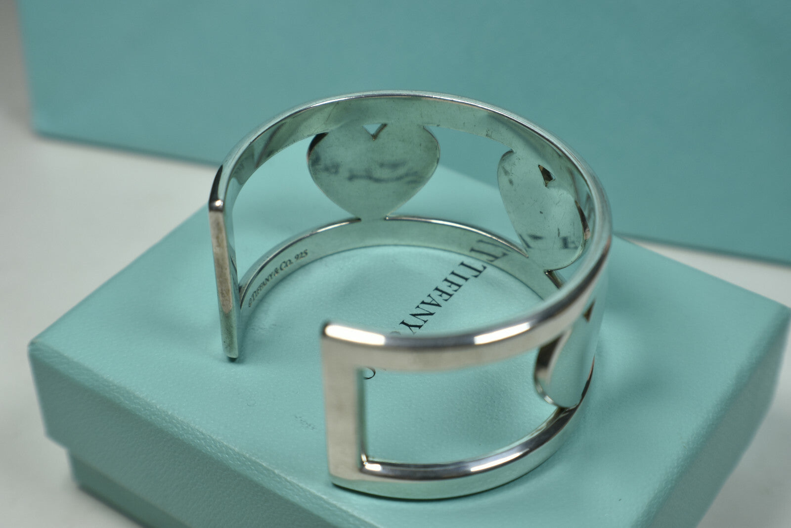 Tiffany &Co Silver Stencil Heart Wide Element Cuff Bangle Bracelet w/ Pouch, Box