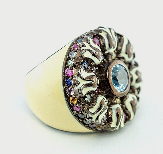 MCL Matthew Campbell Laurenza MultiColor Sapphires Enamel Retro Ring Silver 5.5
