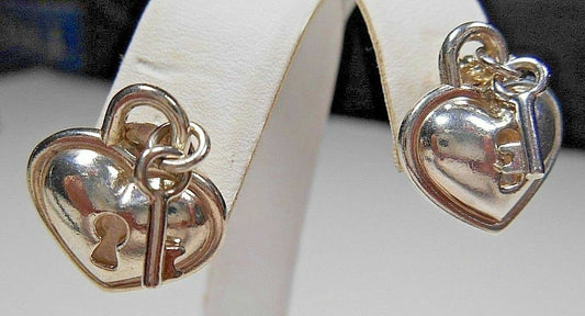 TIFFANY &Co Heart Padlock Lock & Key Earrings Sterling Silver Italy Rare