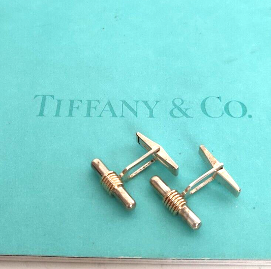 Tiffany & Co Cufflinks Silver & Gold Bar Cuff Links & Pouch