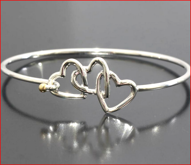 Tiffany & Co Triple Heart Cuff Bangle Bracelet, Opens Sterling Silver & 18k Gold