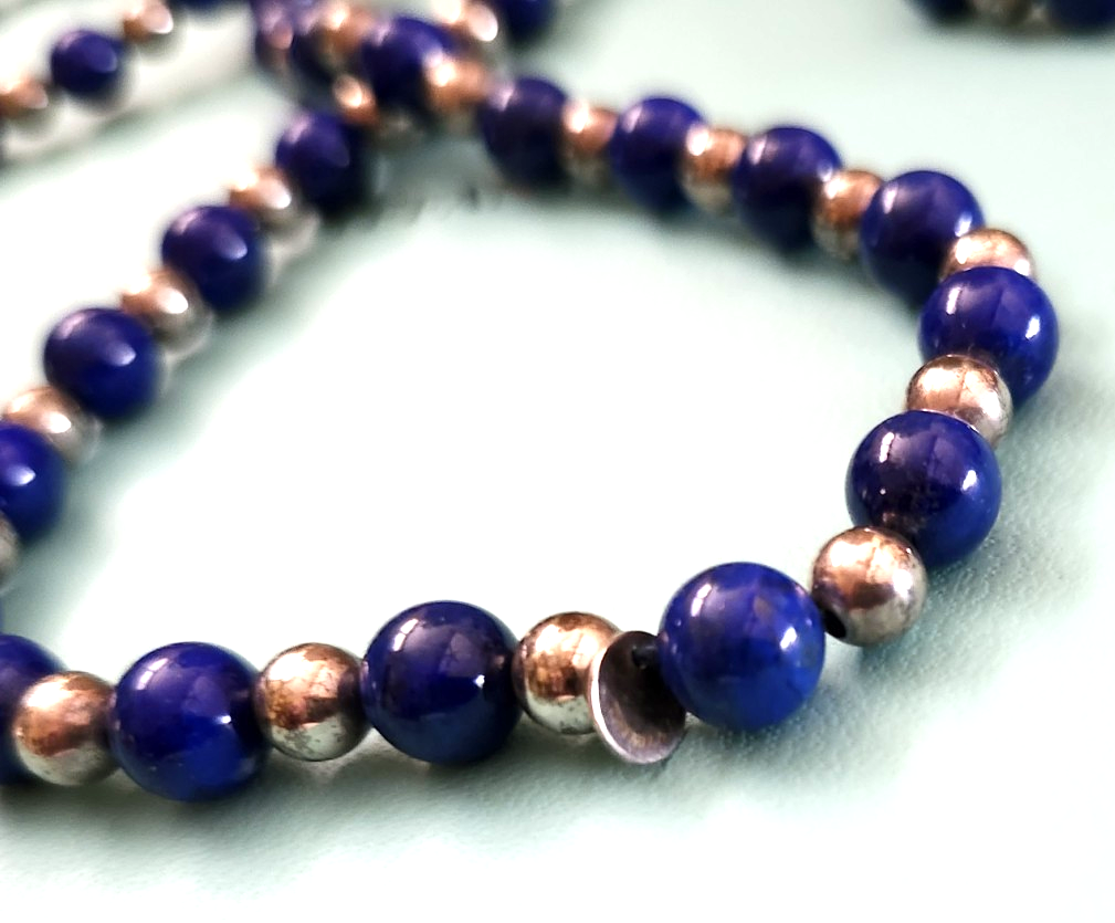 Tiffany & Co 29" Lapis Lazuli Round Bead Necklace Sterling Silver Rare Vintage