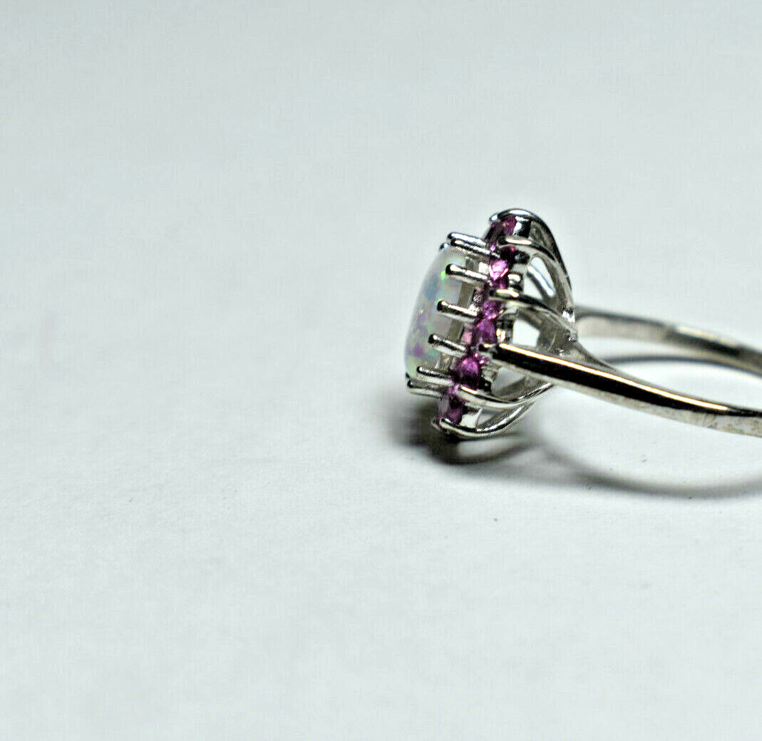 Large Opal & Pink Tourmaline Halo Cluster Cocktail Birthstone Ring Sizable 7.5