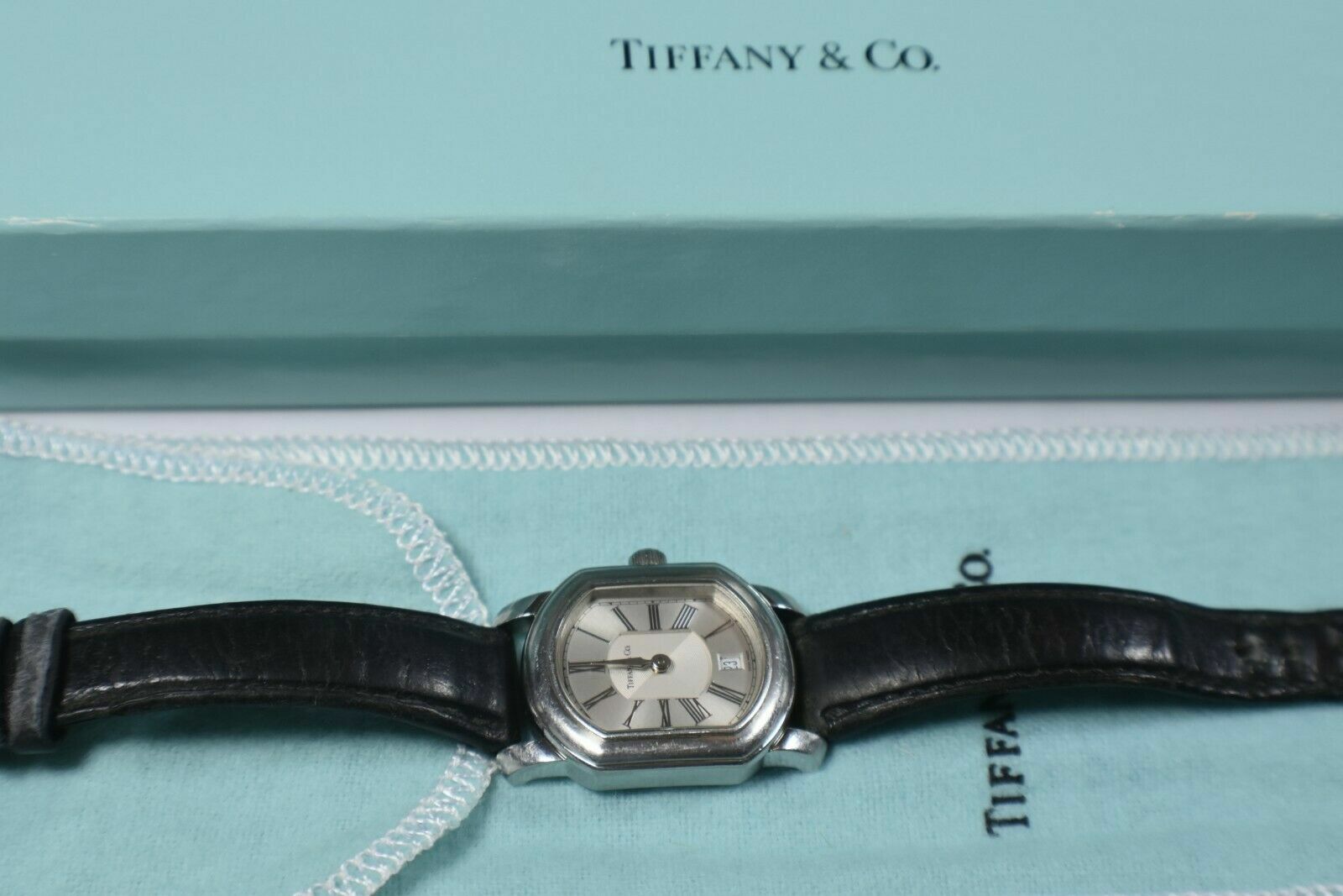 Tiffany & Co Atlas Mark Coupe Resonator Ladies Date Watch SS Guilloche