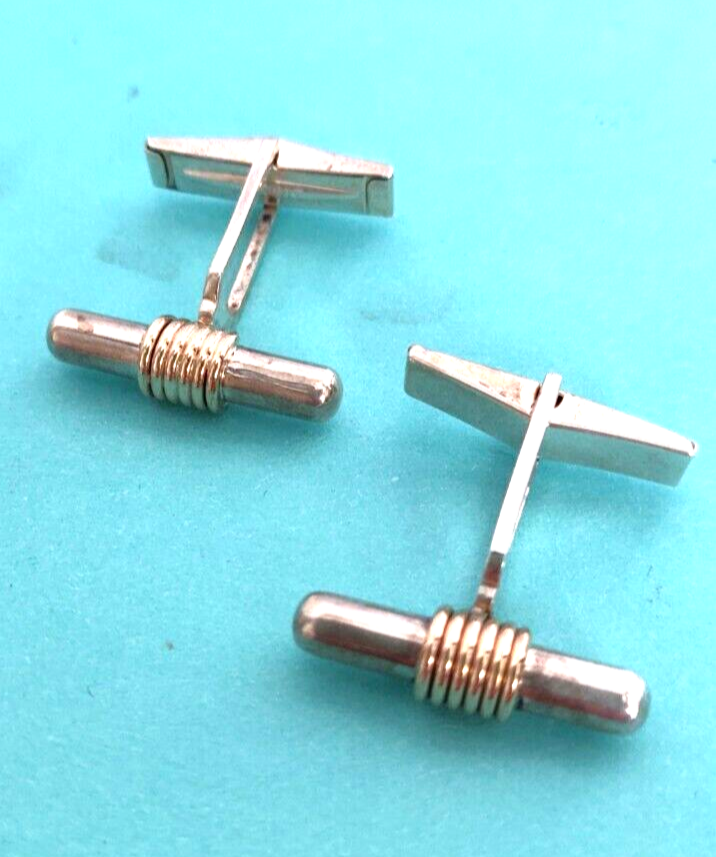 Tiffany & Co Cufflinks Silver & Gold Bar Cuff Links & Pouch