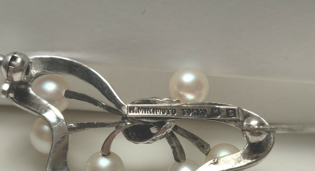 Mikimoto Pearl Brooch Pin Very Vintage Sterling Silver Butterfly with 5mm Pearls