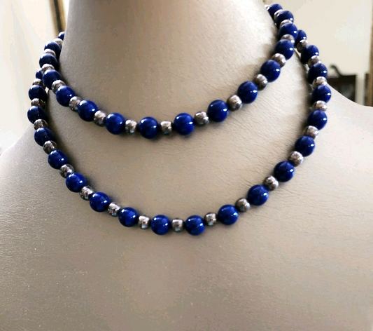 Tiffany & Co 29" Lapis Lazuli Round Bead Necklace Sterling Silver Rare Vintage