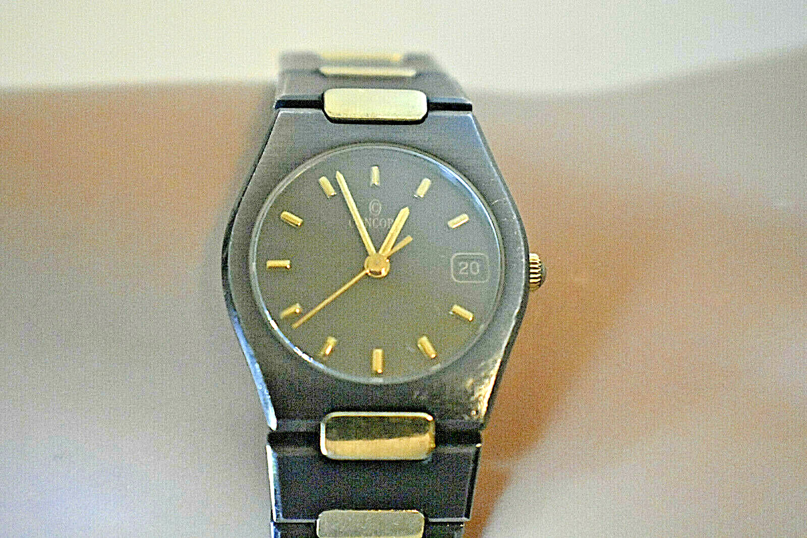 Ladies Concord 18K Gold Plate & Black SS Swiss Date Watch, Boxed, 23mm Rare