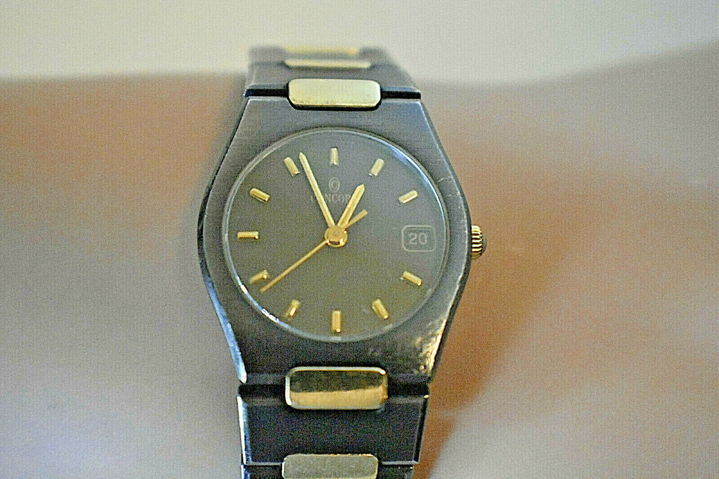 RARE Ladies Concord 18K Gold Gun Metal Black SS Swiss Date Watch w/ Box