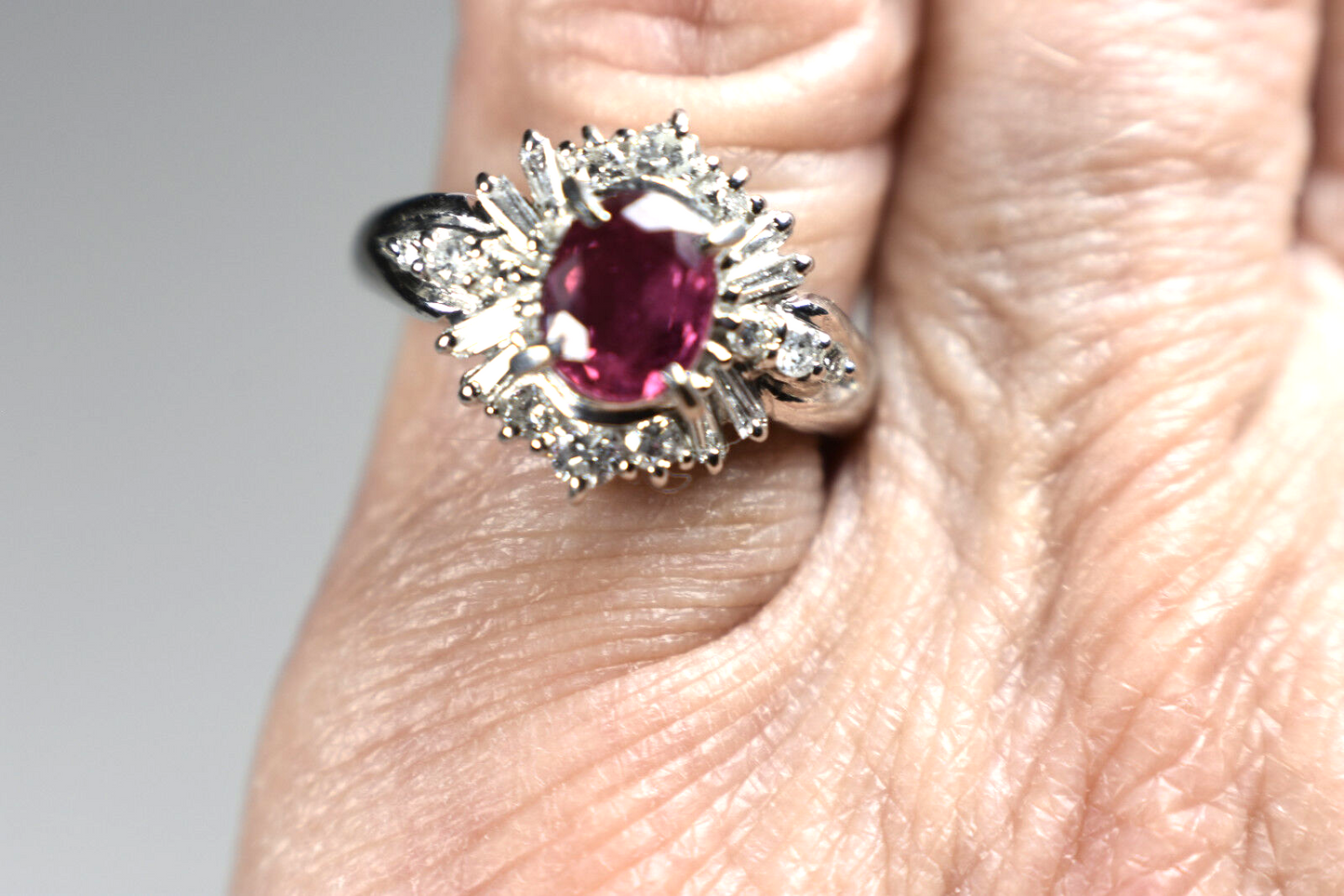 Platinum Ruby Cocktail Engagement Ring 1.30ct G-H Diamond Baguettes Sizable 5.5