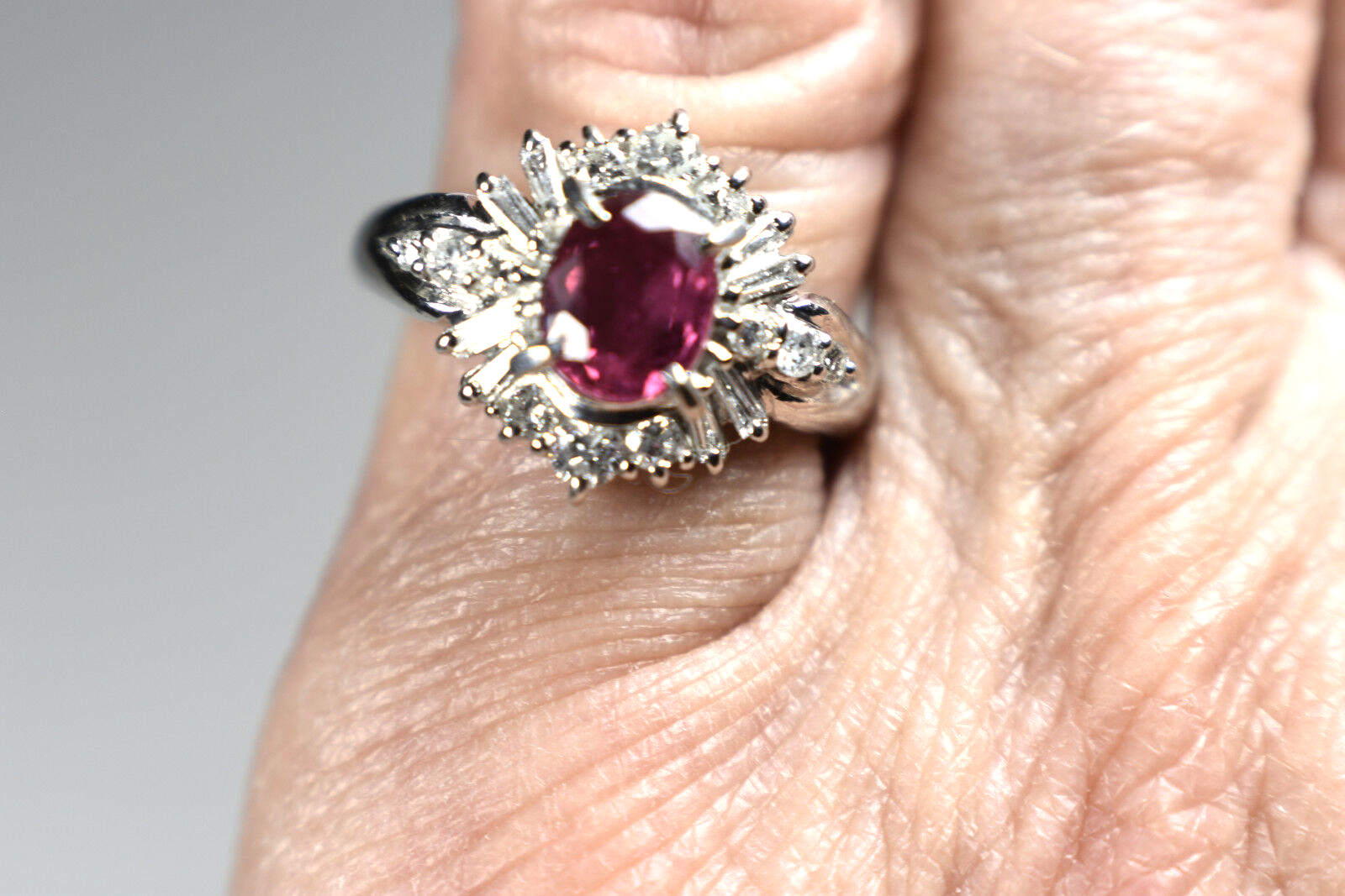 Platinum Ruby Cocktail Engagement Ring 1.30ct G-H Diamond Baguettes Sizable 5.5