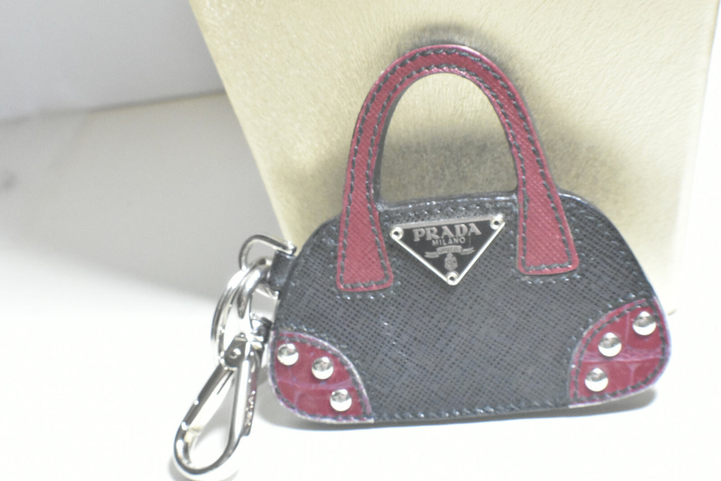 Prada HandBag Charm, Key Ring, Purse Fob. Leather & Silver, Never Used