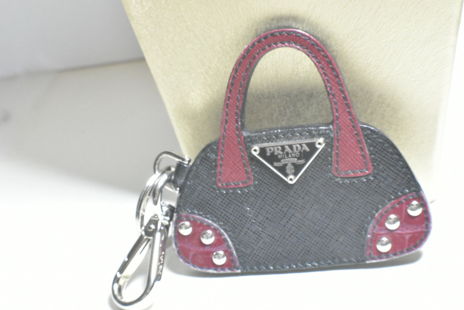 Prada HandBag Charm, Key Ring, Purse Fob. Leather & Silver, Never Used