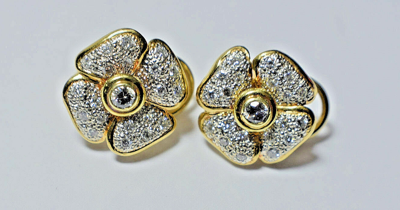 1ct Diamond 14K 2-Tone Gold 4 Leaf Clover Designer Flower Earrings 9 Gram FG VS1