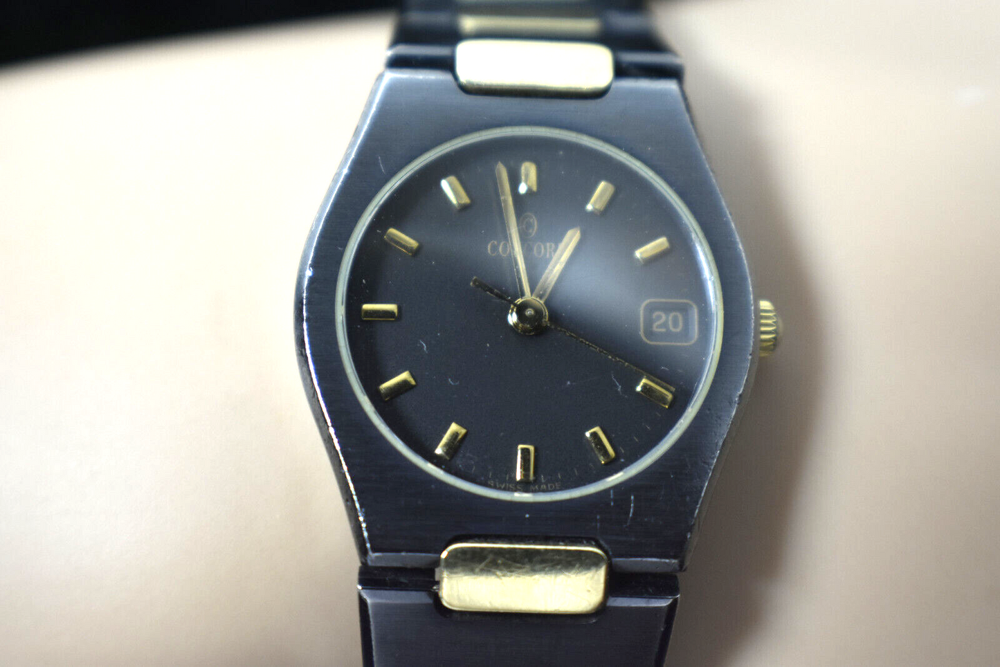 Ladies Concord 18K Gold Plate & Black SS Swiss Date Watch, Boxed, 23mm Rare