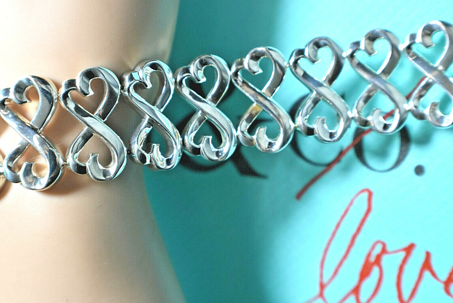 RARE Tiffany & Co Double Loving Hearts Bracelet Silver WIDE Pouch & Box