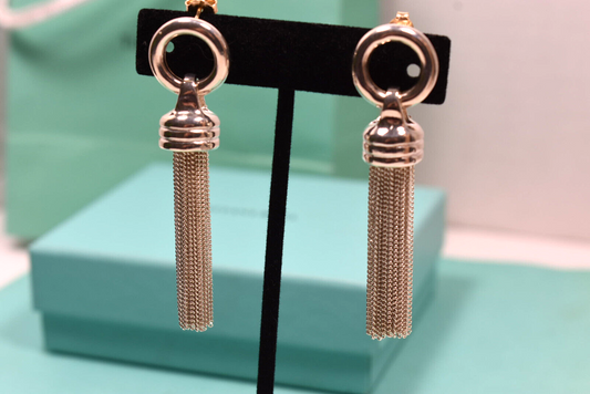 Tiffany & Co Tassel Earrings Silver 2" Dangle RARE Vintage 18K Backs & Posts Box