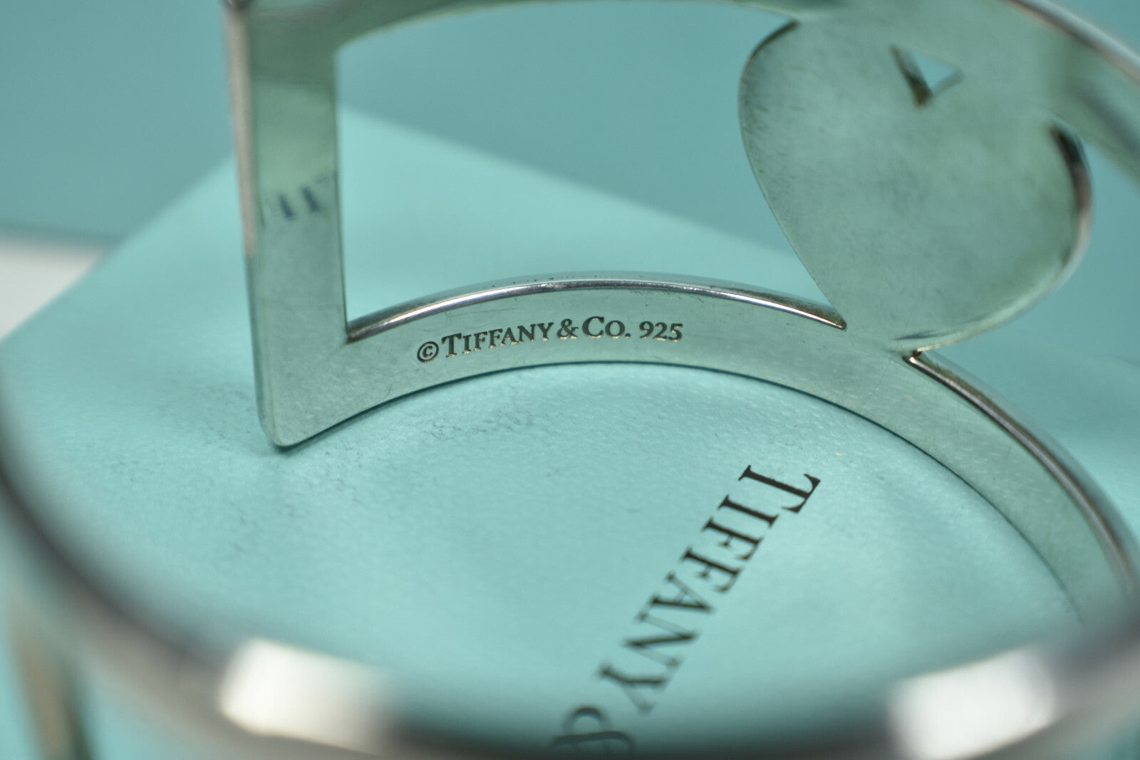 Tiffany &Co Silver Stencil Heart Wide Element Cuff Bangle Bracelet w/ Pouch, Box