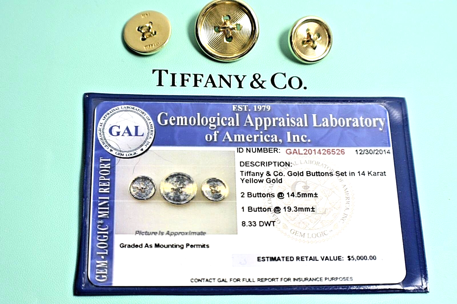 Tiffany & Co Solid 14K Gold Buttons 10g GAL Appraisal 2014 $5000++
