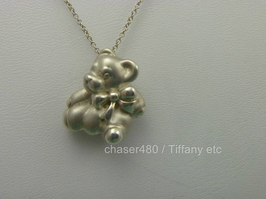 Tiffany & Co Teddy Bear & Bow Ribbon Pendant Chain Necklace Sterling Silver RARE
