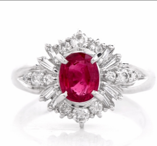 Platinum Pure Red Ruby & Baguette & Round Diamonds Halo Ring 1.40cts Sizable 5.5
