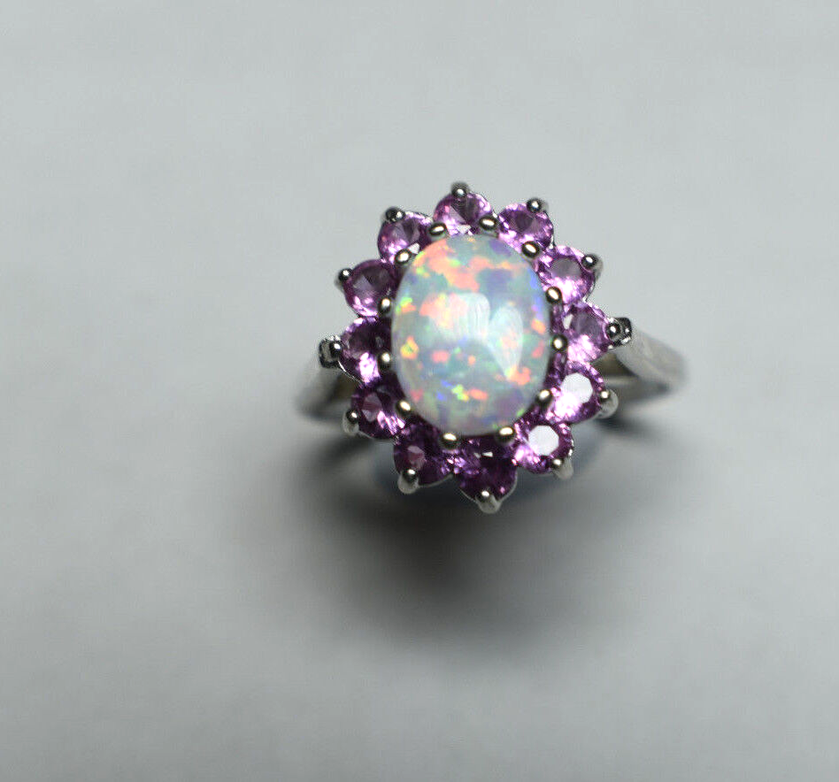 Large Opal & Pink Tourmaline Halo Cluster Cocktail Birthstone Ring Sizable 7.5