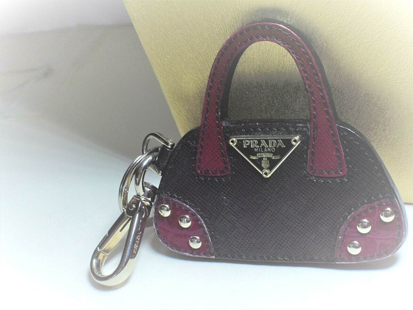Prada HandBag Charm, Key Ring, Purse Fob. Leather & Silver, Never Used