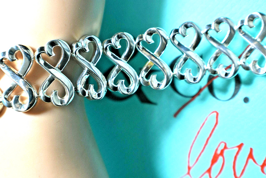 RARE Tiffany & Co Double Loving Hearts Bracelet Silver WIDE Pouch & Box