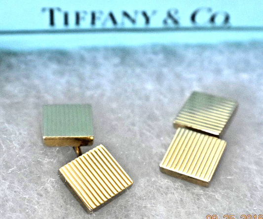 Tiffany & Co Cufflinks Cuff Links Rare Textured 14K Gold Square Ribbed & Pouch
