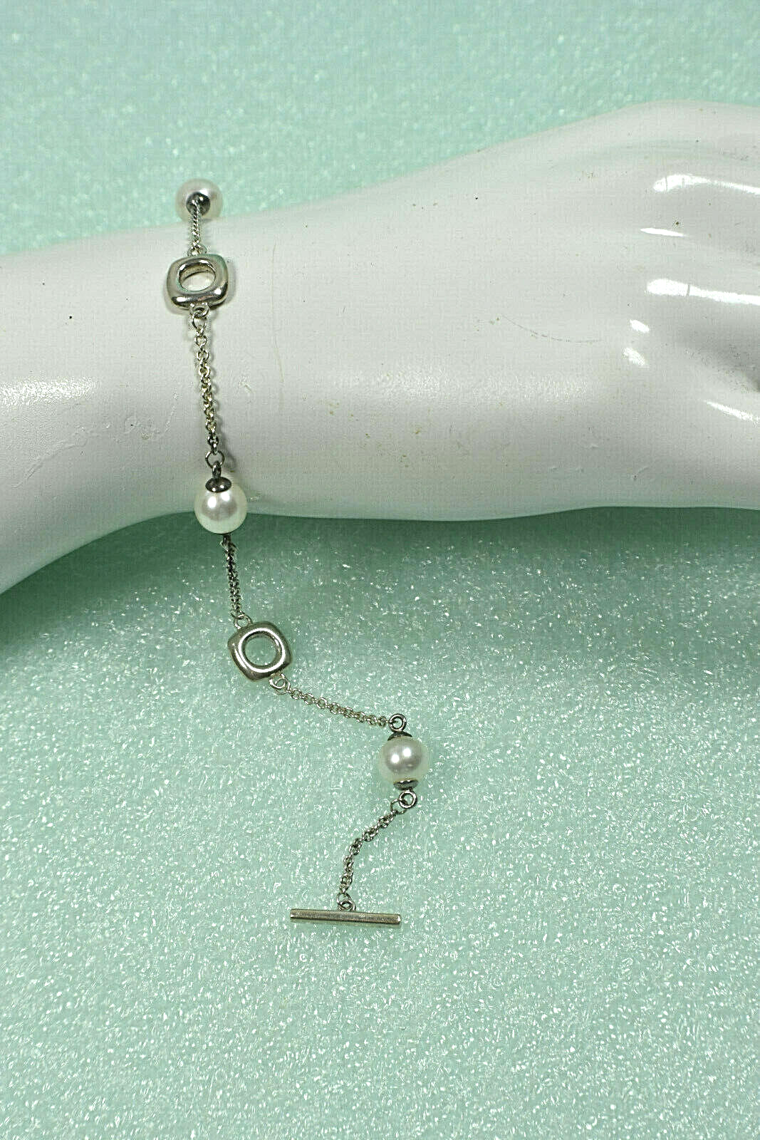 Vintage Tiffany &Co Akoya Pearls Cushion Toggle Silver Bracelet 7" Rare