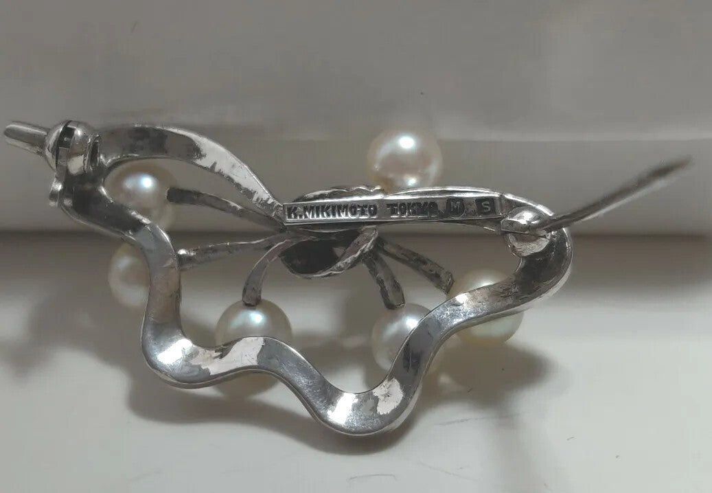 Mikimoto Pearl Brooch Pin Very Vintage Sterling Silver Butterfly with 5mm Pearls