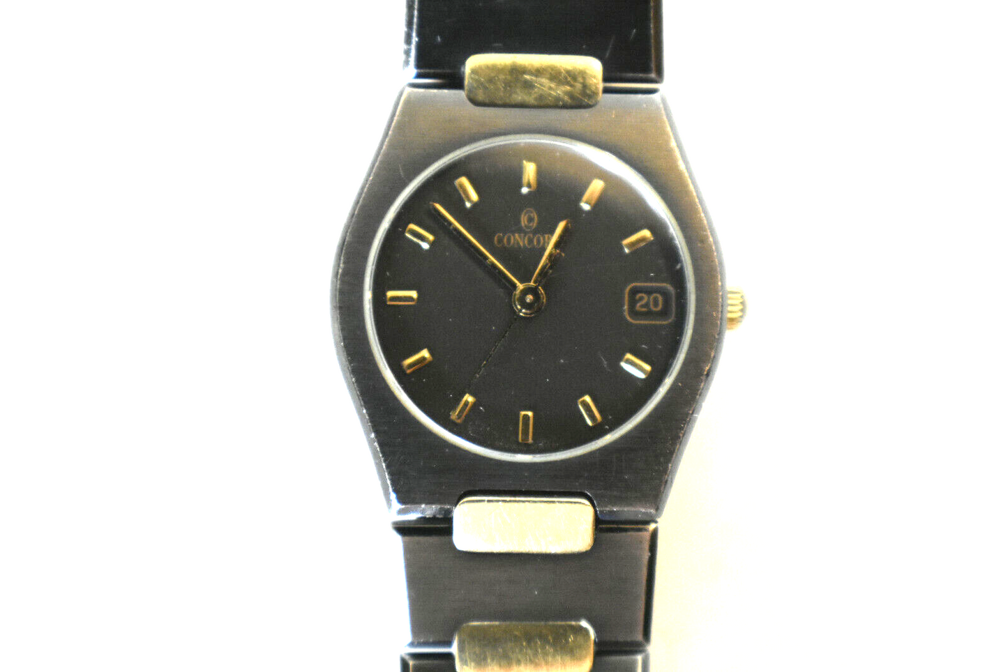 Ladies Concord 18K Gold Plate & Black SS Swiss Date Watch, Boxed, 23mm Rare