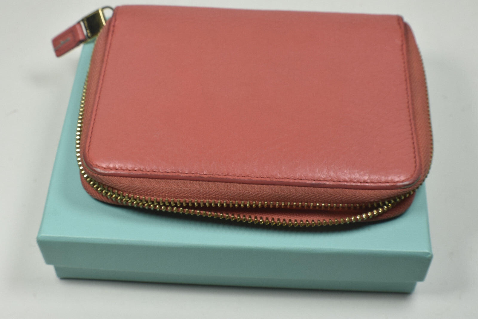 Tiffany & Co Orange Grain Leather Zip Around Wallet w/ Box & Ribbon Etc VGC