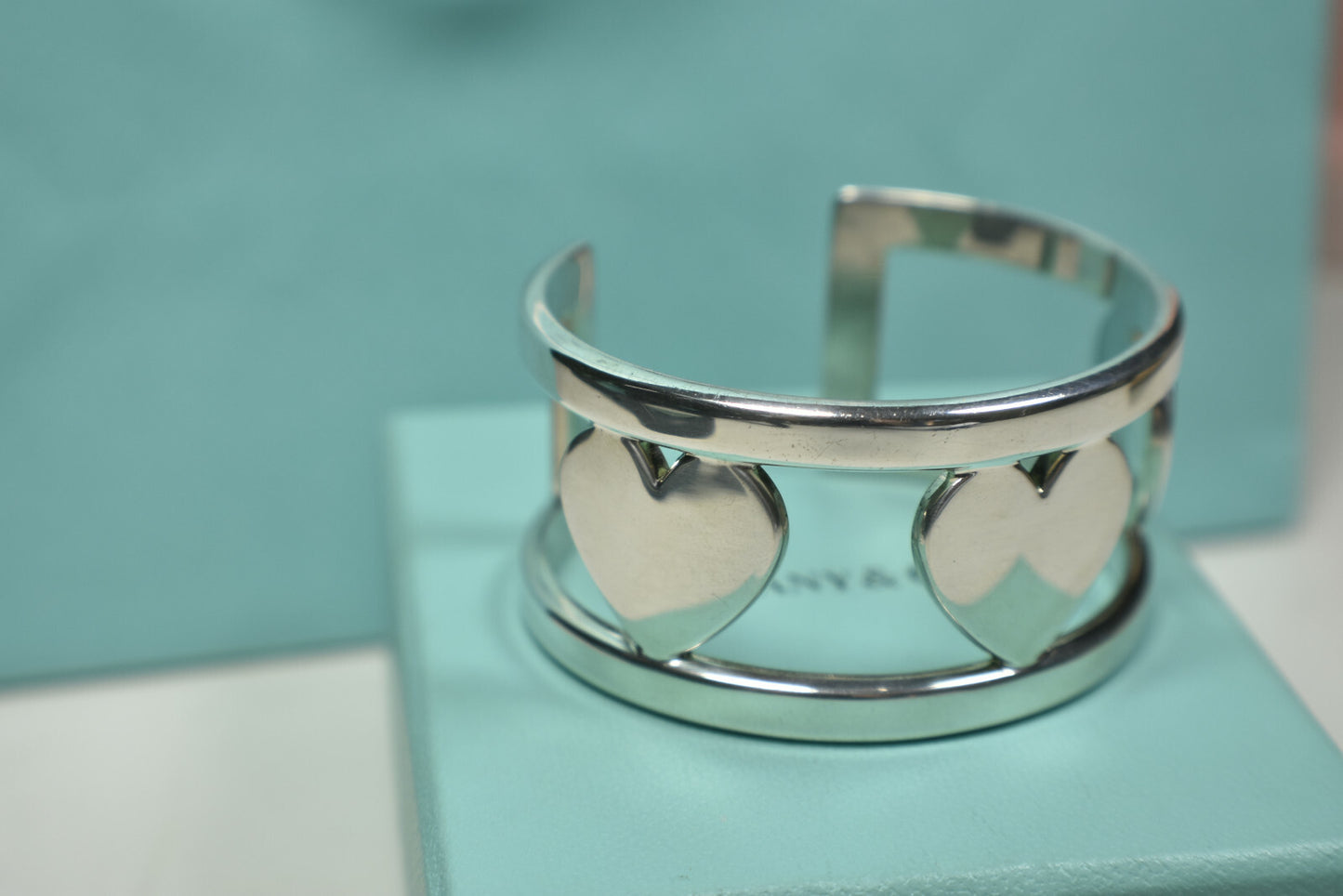 Tiffany &Co Silver Stencil Heart Wide Element Cuff Bangle Bracelet w/ Pouch, Box