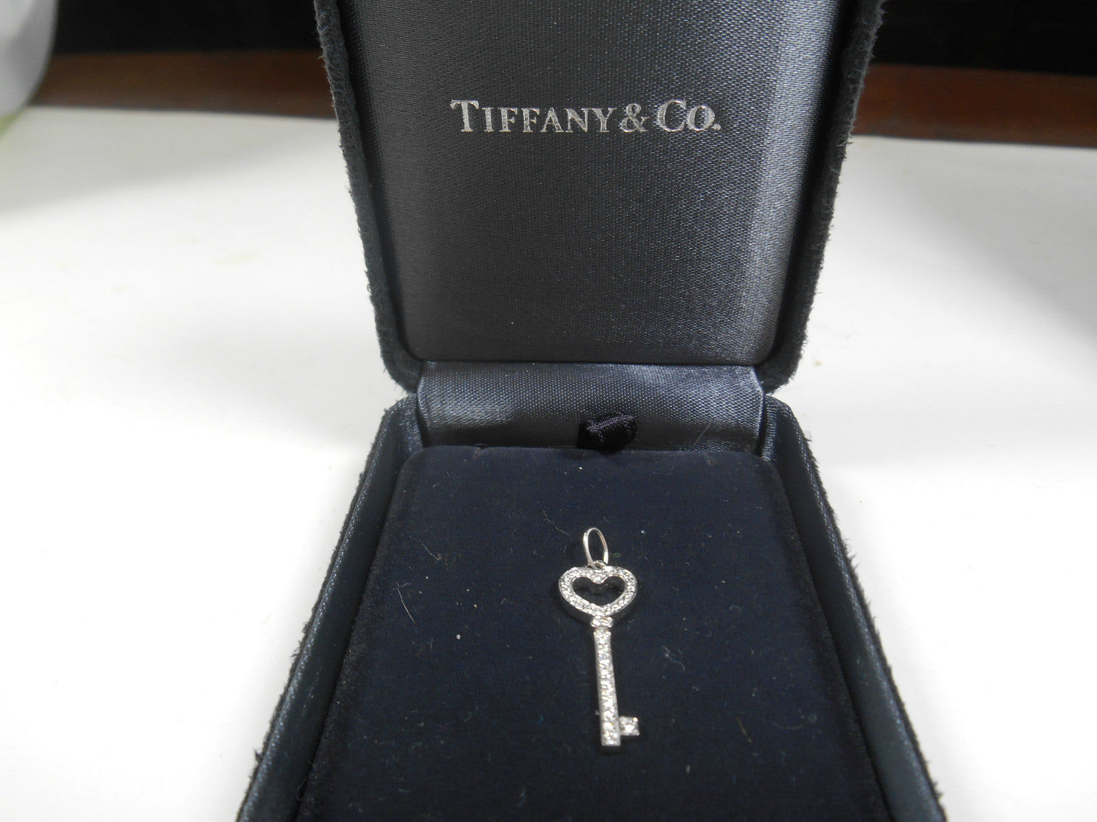 Tiffany & Co Platinum Diamond Encrusted Open Heart Key Pendant For Necklace