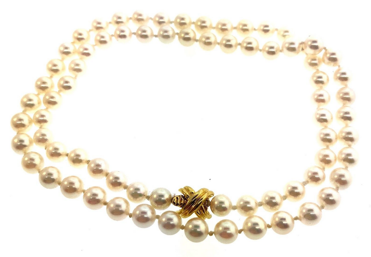 Tiffany & Co 18K Gold Akoya Pearl Signature X 18" Strand Necklace w/ Suede Case