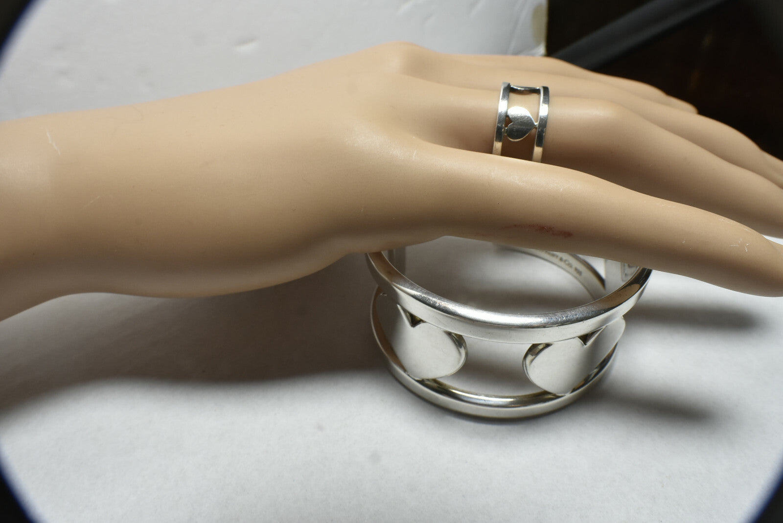 Tiffany &Co Silver Stencil Heart Wide Element Cuff Bangle Bracelet w/ Pouch, Box