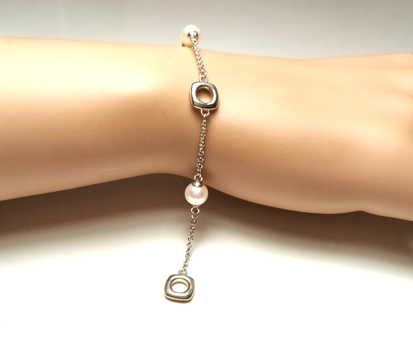 Vintage Tiffany &Co Akoya Pearls Cushion Toggle Silver Bracelet 7" Rare