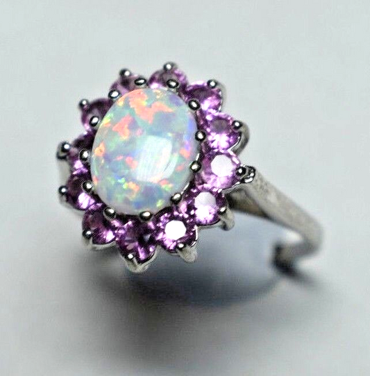 Large Opal & Pink Tourmaline Halo Cluster Cocktail Birthstone Ring Sizable 7.5