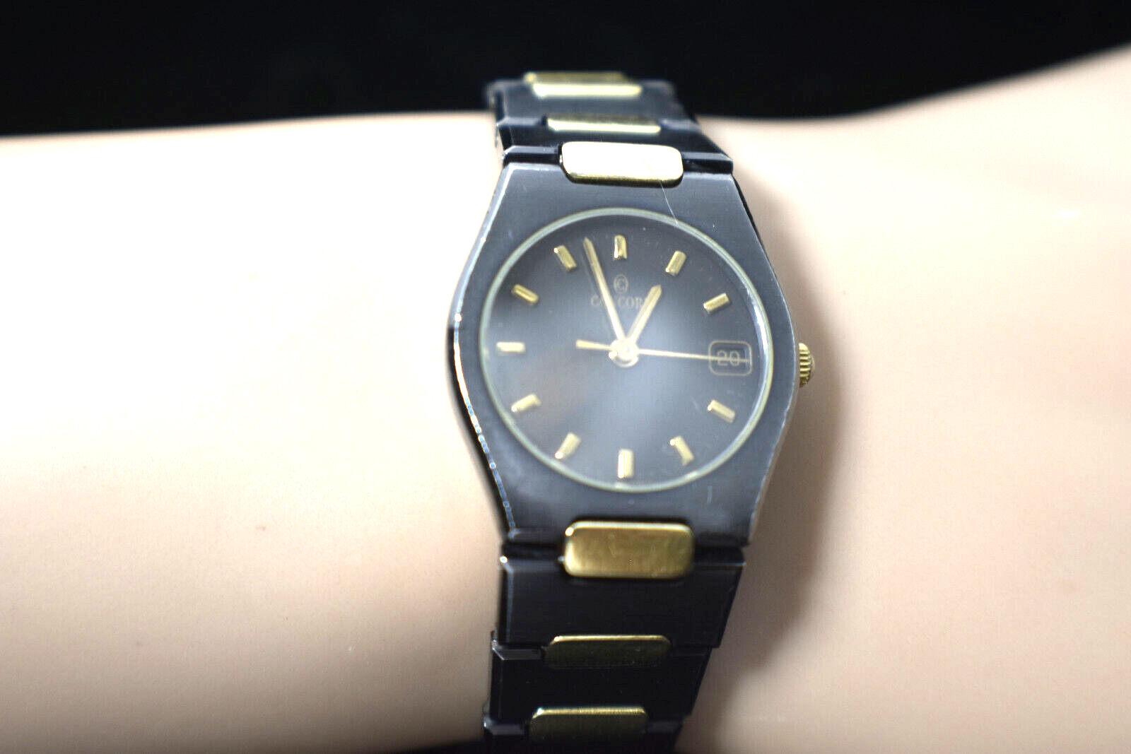 Ladies Concord 18K Gold Plate & Black SS Swiss Date Watch, Boxed, 23mm Rare