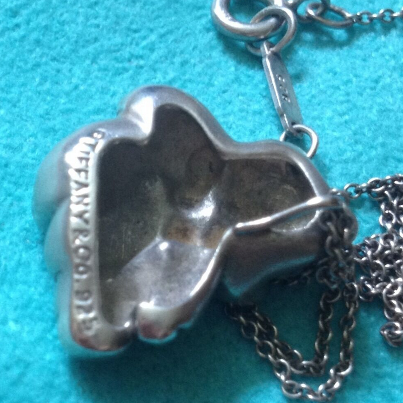 Tiffany & Co Teddy Bear & Bow Ribbon Pendant Chain Necklace Sterling Silver RARE