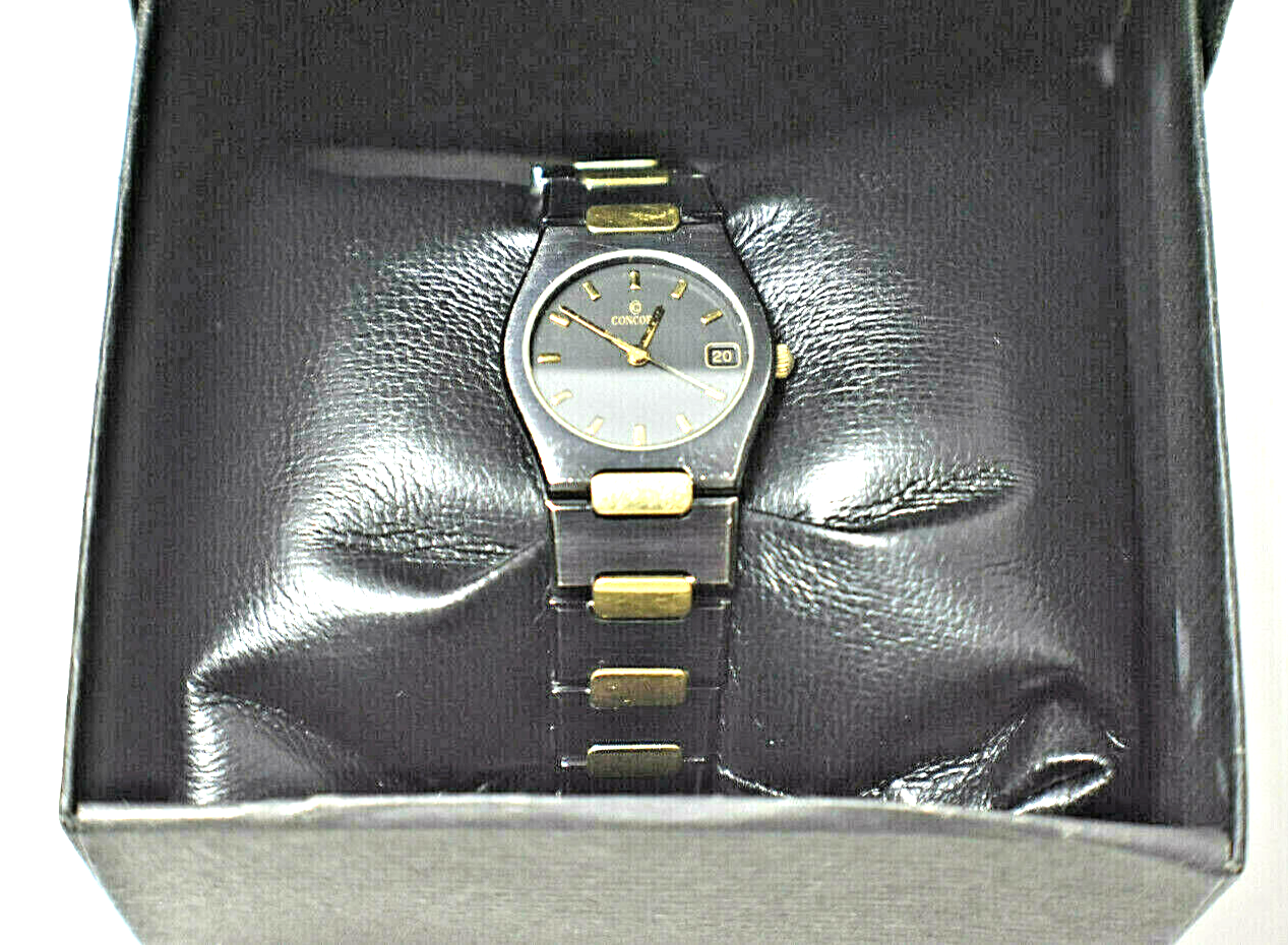 Ladies Concord 18K Gold Plate & Black SS Swiss Date Watch, Boxed, 23mm Rare