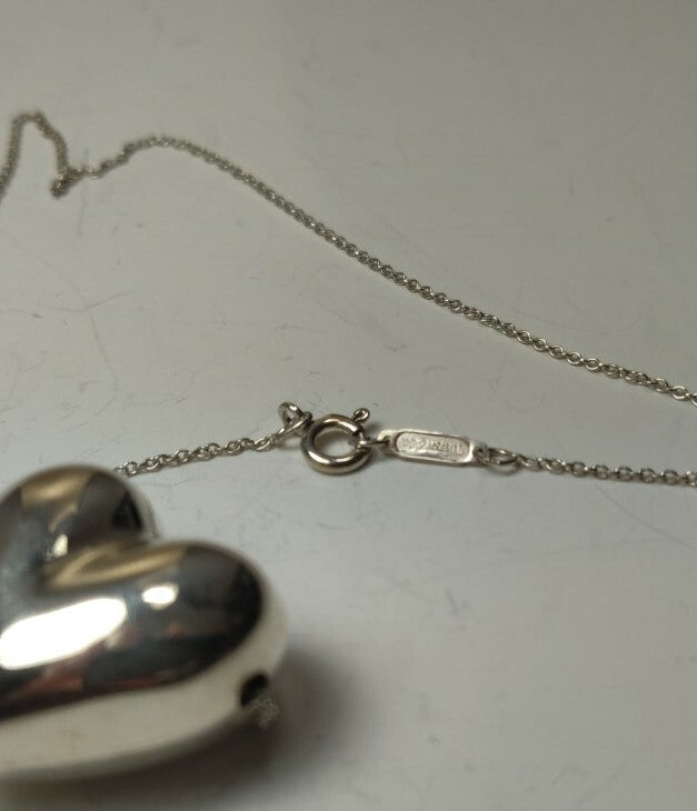 Tiffany & Co Silver Puffed Heart Pendant Charm Necklace Vintage 16"
