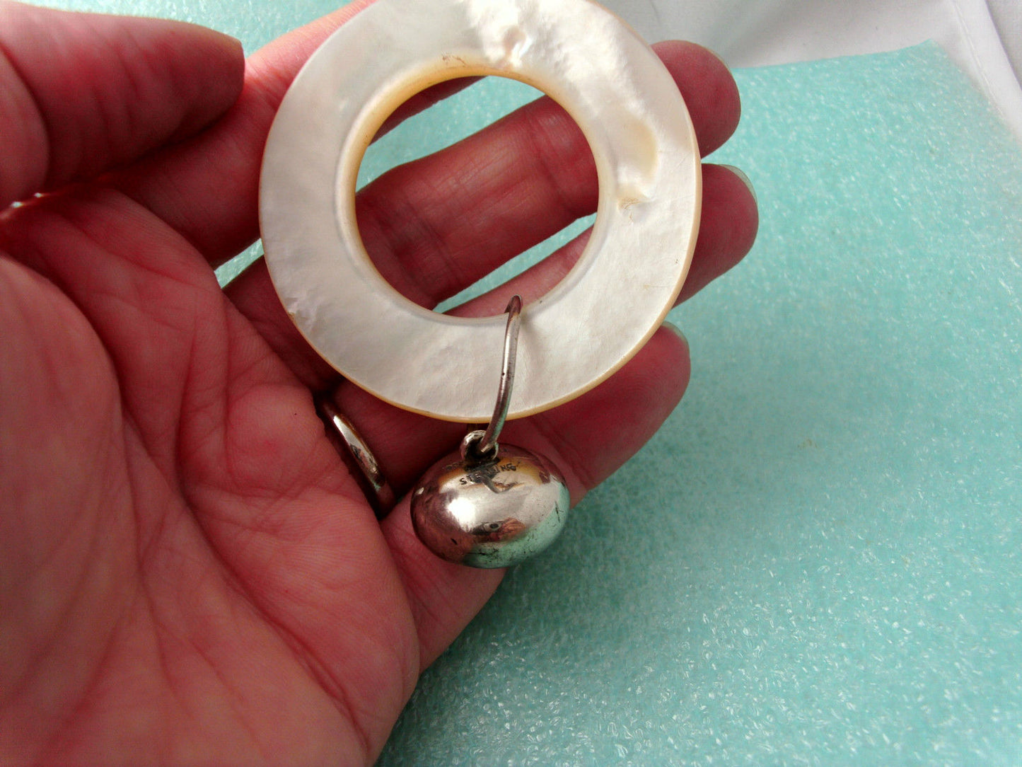 Tiffany & Co Mother of Pearl Sterling Silver Teething Ring Rattle Rare w/ All