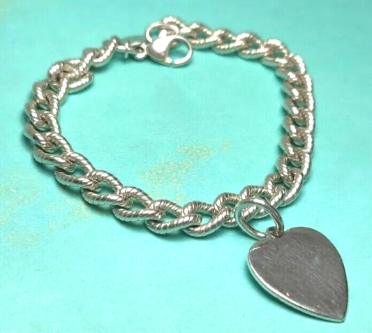 Tiffany & Co Textured Oval Link Heart Charm Bracelet Sterling Silver- Vintage