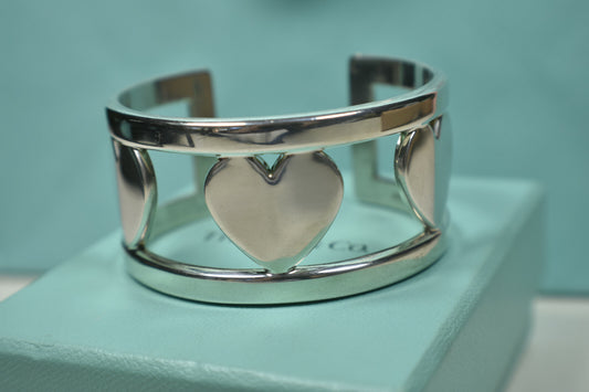 Tiffany &Co Silver Stencil Heart Wide Element Cuff Bangle Bracelet w/ Pouch, Box
