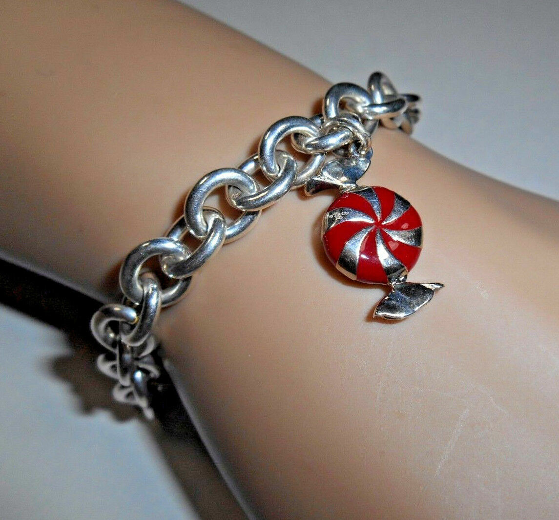 Tiffany & Co Enamel Candy Twist Bon Bon Bracelet Bangle Link Chain Pouch Silver