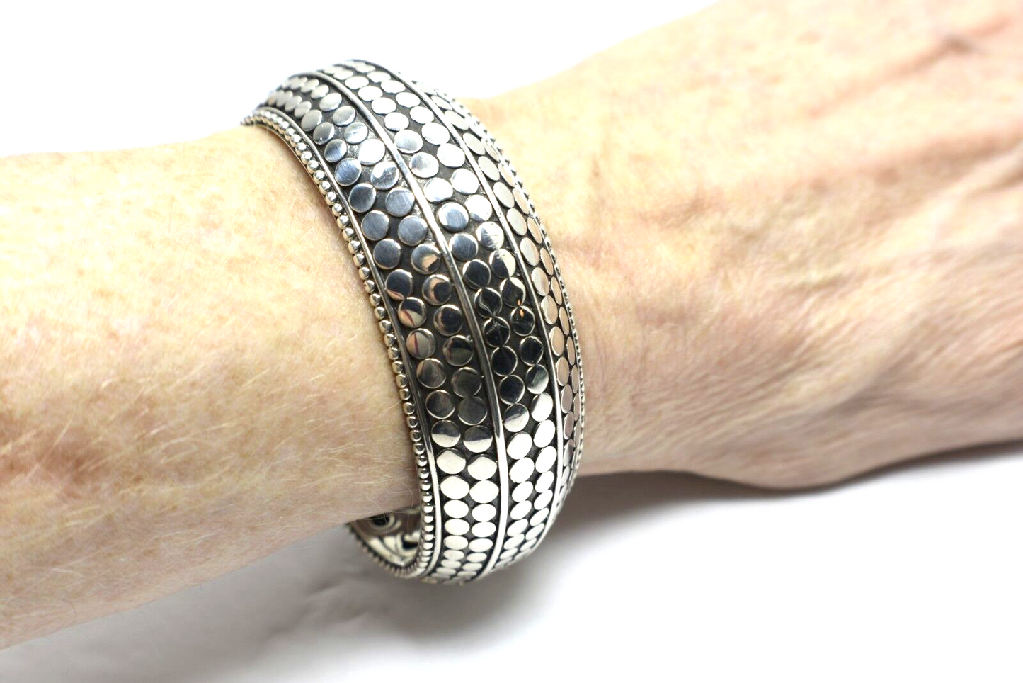 John Hardy Kick Cuff Bangle Dot Bracelet, Wide, Hinged Sterling Silver & Box